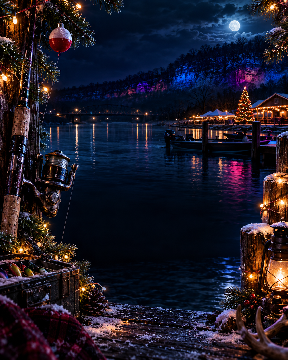 Christmas fishing scene with a rod, bobber, holiday lights, and a Kentucky river at night
